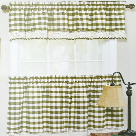 Buffalo Check Window Valance 58x14 Crochet Lace Edge Green - Picture 1 of 3